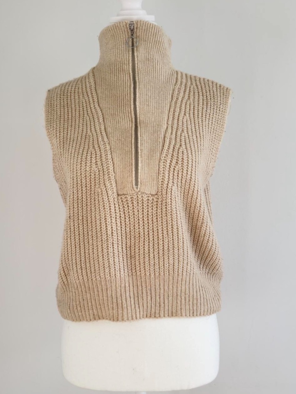 Neutral Beige Cowl Zip Sweater Vest